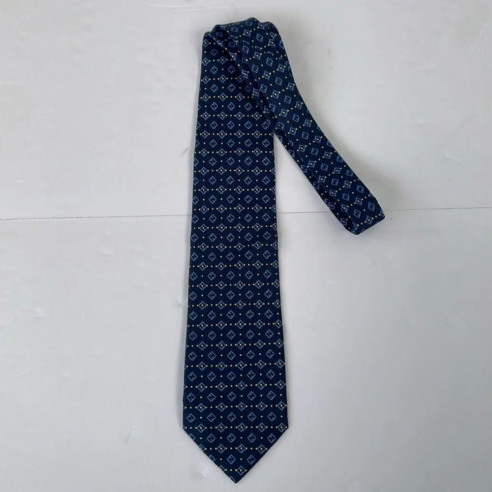 Fendi Cravatte Silk Tie Navy Blue with Light Blue Fendi Logo Yellow Dots